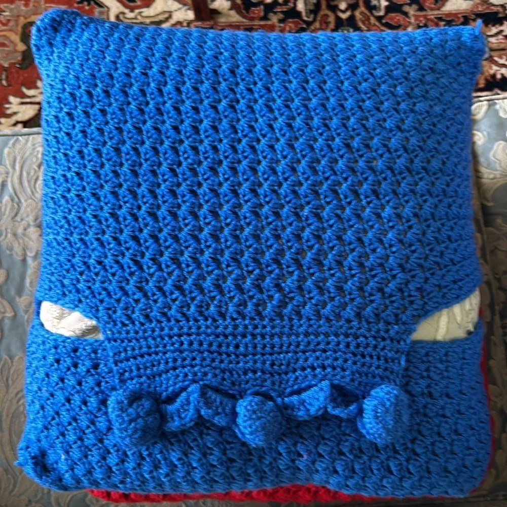 Hand Crafted Bright Blue Knit Throw Pillow Cover 18 x 18 Hand Crochet Heirloom